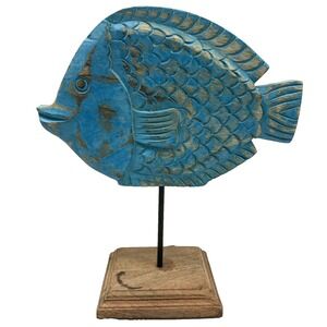 Vtg Handcarved Wooden Puffer Angel Fish Sculpture Stand Coastal Decor Lake Decor